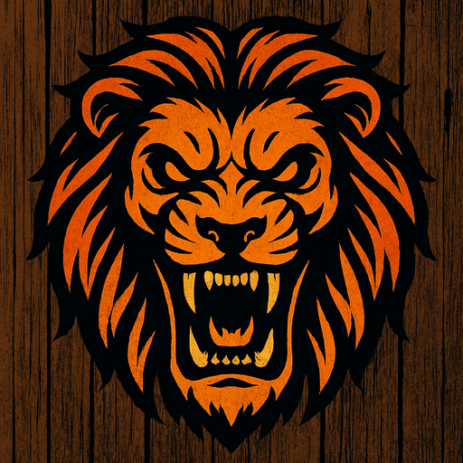 A scary lion image with wooden background.
In-Game asset.  2d.  High contrast.  No shadows