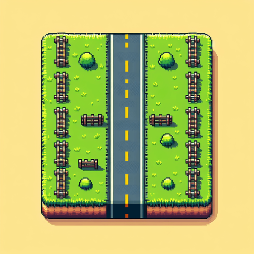 Top-down seamless vertically scrolling background for an endless driving game, central road with 3 lanes, side grass, trees, and fences, pixel art style, 512x1024 resolution".
Single Game Texture.  In-Game asset.  2d.  Blank background.  High contrast.  No shadows