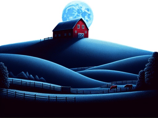 Windows xp hill with a red barn on the top of the hill at night.
Single Game Texture. In-Game asset. 2d. Blank background. High contrast. No shadows.