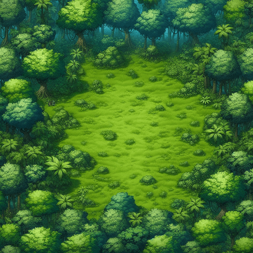 It's a 2D planar background. It's a jungle with green grass growing all over the ground and thick forests surrounding it..
Single Game Texture. In-Game asset. 2d. Blank background. High contrast. No shadows.