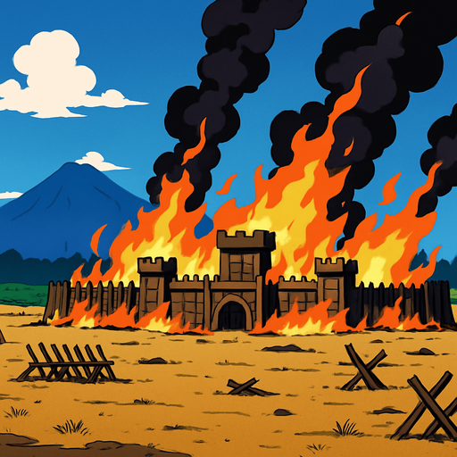plain battlefield of defense burning medieval fortres at bottom anime image style. blue sky at upper. far distance a mountain
In-Game asset.  2d.  High contrast.  No shadows