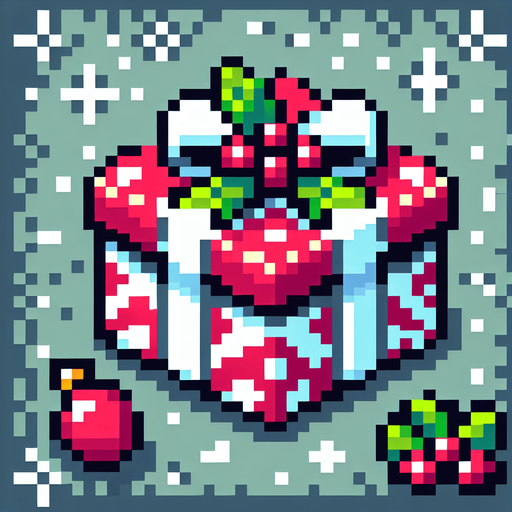 8 bit x mas pressent. in game asset. Single Game Texture. In-Game asset. 2d. Blank background. High contrast. No shadows.