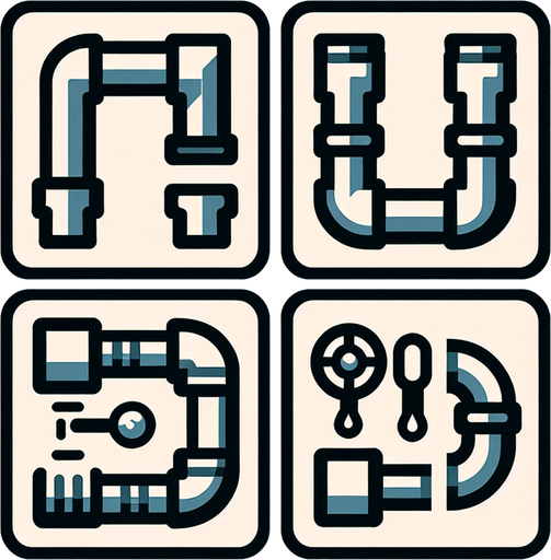 Create four perfectly square tiles, each featuring ONE VERY SIMPLE segment of water pipe for a puzzle video game:
Straight Pipe: One tile should feature a straight pipe segment with an entrance on the right side center and an exit on the left side center.
Corner Pipe: One tile should display a corner pipe segment with an entrance on the right side center and an exit at the top center.
Half Pipe with Valve: One tile should include a half pipe segment with an entrance on the right side center and a valve located at the center of the pipe.
Half Pipe with Bend:One tile should depict a half pipe segment with an entrance on the right side center, bending at the center towards the back (away from the viewer).