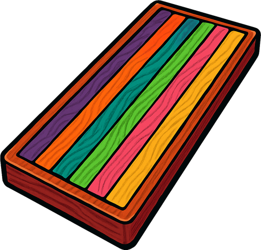 A long rectangular wooden cutting board counter with different colored laminated wooden strips. Top down view. 80s arcade machine graphics..
In-Game asset.  2d.  High contrast.  No shadows