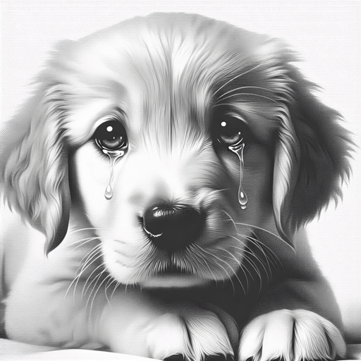 a sad crying golden retriever puppy. lying down. face on front paws. looking at viewer..
Single Game Texture. In-Game asset. 2d. Blank background. High contrast. No shadows.