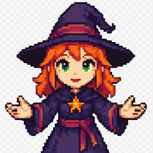 High-quality 2D pixel art of a young witch girl facing forward with her arms open, palms visible. She has vibrant orange hair, fair white skin, and bright green eyes. She is wearing a classic witch outfit: a wide-brimmed witch hat and a matching dress with magical details. The style is detailed 16-bit pixel art, with clean shading and strong contrast. The pose is welcoming or spellcasting, and she is directly facing the viewer. Transparent background..
In-Game asset.  2d.  High contrast.  No shadows