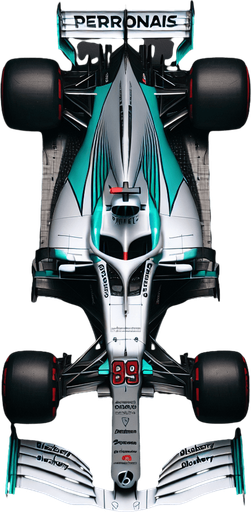 Silver f1 mercedes race car with turquoise green lines and REARwings and white "PETRONAIS" text on wings.
Red race number on car nose. black Blackberry text on sides. Top view.
