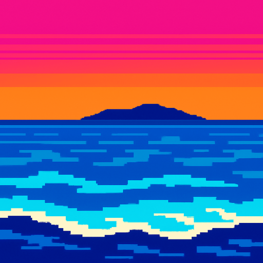 Above water ocean background showing clear sky with gradient and land far away against the horizon. Minimal detail.  80s arcade machine graphics..
In-Game asset.  2d.  High contrast.  No shadows