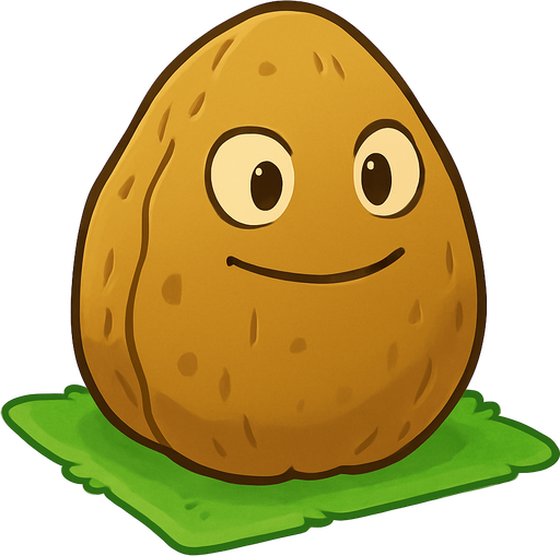 Nuez inspirada en Plants vs. Zombies 1. Una gran nuez de color marrón con textura rugosa y mirada serena pero decidida. Está plantada sobre una baldosa de césped en un jardín soleado. No está en combate ni dañada, solo en posición defensiva y tranquila. Estilo caricaturesco, líneas suaves, colores cálidos y sin sombras. Fondo transparente, ideal como asset 2D para videojuego. que este feliz o