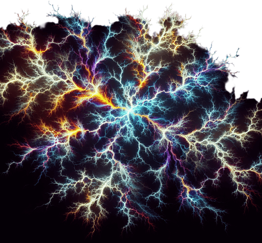 A branching pattern like lightning or cracks, but made of chaotic, multi-colored energy. Could also be a visual of one chaotic explosion triggering others nearby..
Single Game Texture.  In-Game asset.  2d.  Blank background.  High contrast.  No shadows