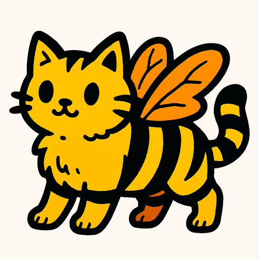 Chat (animal) a la fourrure couleur abeille et avec des ailes.
In-Game asset.  2d.  High contrast.  No shadows
