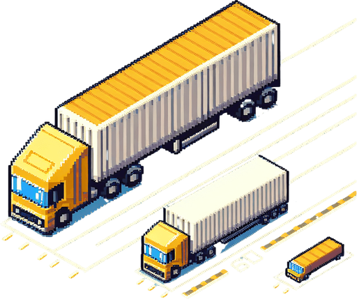 "Top-down view of a long yellow truck with a brown or white cargo container, pixel art style, 64x128 size, minimal retro arcade design, designed for a mobile endless driving game, clearly visible front cab and rear body, vertical orientation.".
Single Game Texture.  In-Game asset.  2d.  Blank background.  High contrast.  No shadows