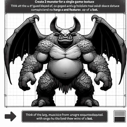 Create a monster that is half bat half ogre.
Single Game Texture. In-Game asset. 2d. Blank background. High contrast. No shadows.