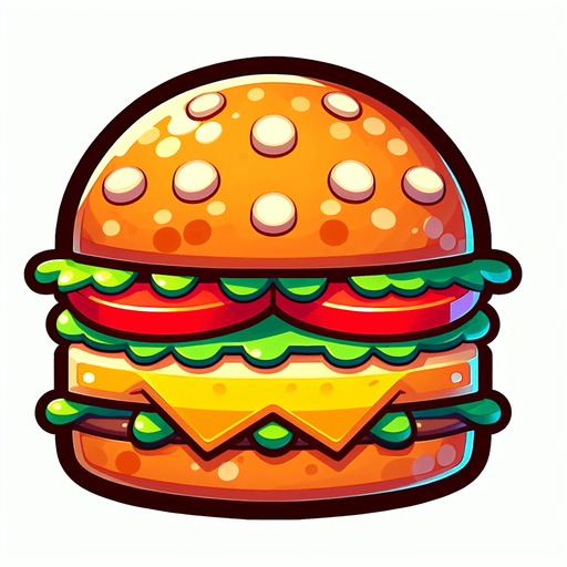 hamburger,2d,cartoon,blank background.
Single Game Texture.  In-Game asset.  2d.  Blank background.  High contrast.  No shadows