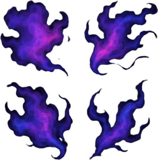 Wispy, gas-like particles

```
- Shape: Irregular, cloud-like with flowing tendrils
- Colors: Purple (#8844FF), magenta (#FF44AA), blue (#4488FF)
- Opacity: 60-80% at center, fading to transparent
- Texture: Soft, organic, slightly mottled
- Multiple variants: 3-4 different shapes for variety.
In-Game asset.  2d.  High contrast.  No shadows