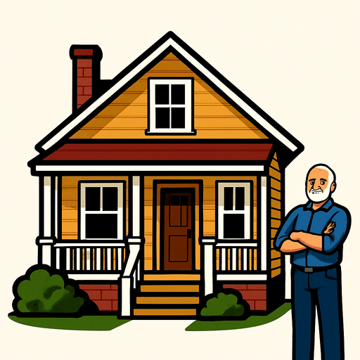 A realistic house with owner.
In-Game asset.  2d.  High contrast.  No shadows