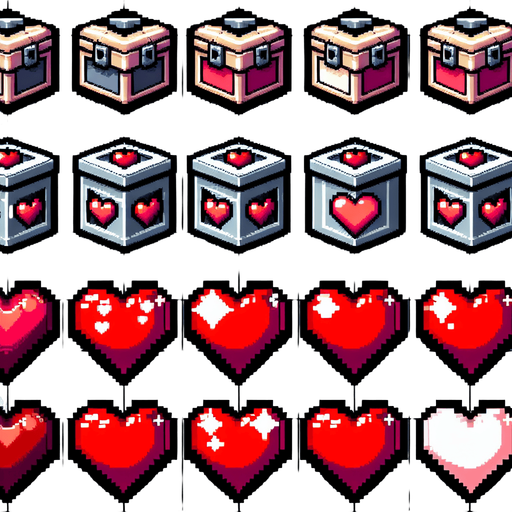 A sprite sheet of heart containers. 
Single Game Texture. In-Game asset. 2d. Blank background. High contrast. No shadows.