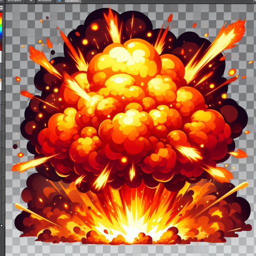 A fiery explosion.
Single Game Texture. In-Game asset. 2d. Blank background. High contrast. No shadows.