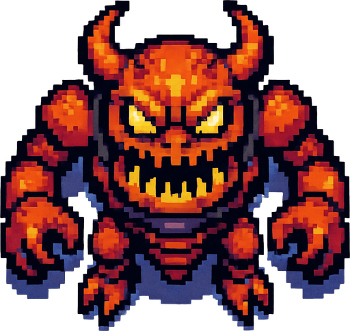 Un enemigo jefe nivel avanzado visto desde arriba, pixel cartoon..
In-Game asset.  2d.  High contrast.  No shadows