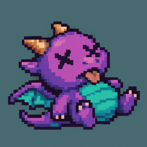 A pixel art version of the baby dragon character shown in a defeated state, designed for a 2D side-scrolling game. The dragon appears to be falling or lying on its back, with X-shaped eyes or closed eyelids. Its wings are limp and slightly spread, the tail droops, and its mouth is slightly open with a small tongue sticking out. The overall design remains cute and fantasy-inspired, with a cartoonish touch, but clearly shows the dragon is no longer active or alive. The colors and features should match the flying version for consistency.