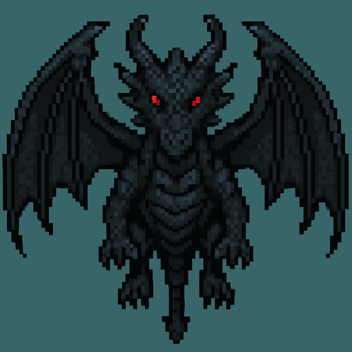 um dragão negro com olhos vermelhos, arte pixel 32bits, vista frontal aerea.
In-Game asset.  2d.  High contrast.  No shadows