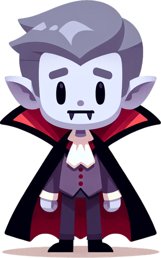 Cartoon vampire.
Single Game Texture. In-Game asset. 2d. Blank background. High contrast. No shadows.