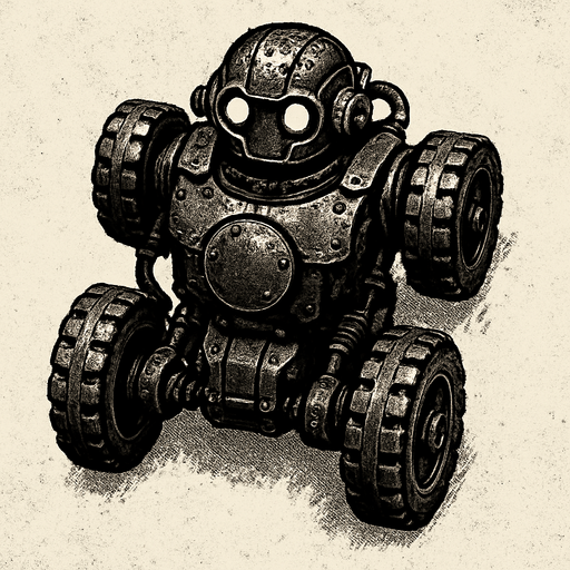 has un robot negro tipo auto steampunk con aspecto desgastado que se mueva con llantas y este en una vista desde arriba

In-Game asset.  2d.  High contrast.  No shadows