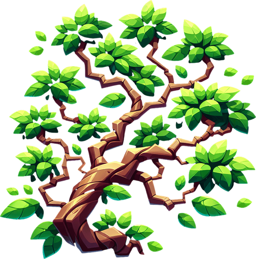A tree branch with green leaves
Single Game Texture. In-Game asset. 2d. Blank background. High contrast. No shadows.