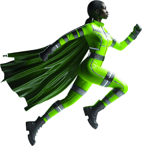 full side-view of an garbage collector superhero woman running in neon green suit.
only the woman.
single sprite, blank background.