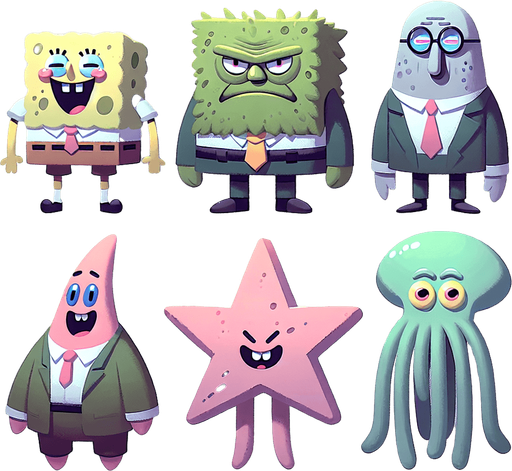 SpongeBob cartoon characters.
Single Game Texture. In-Game asset. 2d. Blank background. High contrast. No shadows.