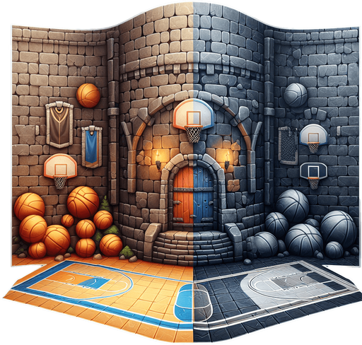 basketball dungeon background.
Single Game Texture. In-Game asset. 2d. Blank background. High contrast. No shadows.