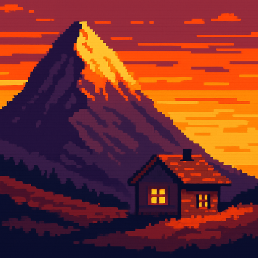 Montaña con casa en atardecer, pixelart.
In-Game asset.  2d.  High contrast.  No shadows