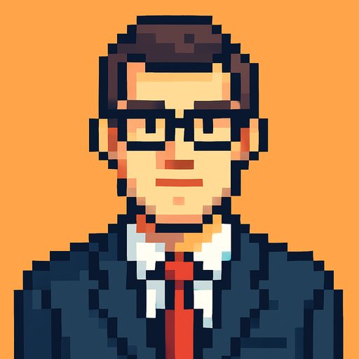 Hombre ejecutivo mirando a la cámara pixel art.
In-Game asset.  2d.  High contrast.  No shadows