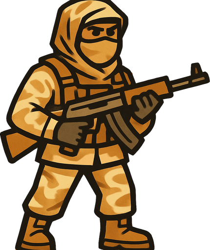 silahlı çöl kıyafeti giyen bir asker.
In-Game asset.  2d.  High contrast.  No shadows