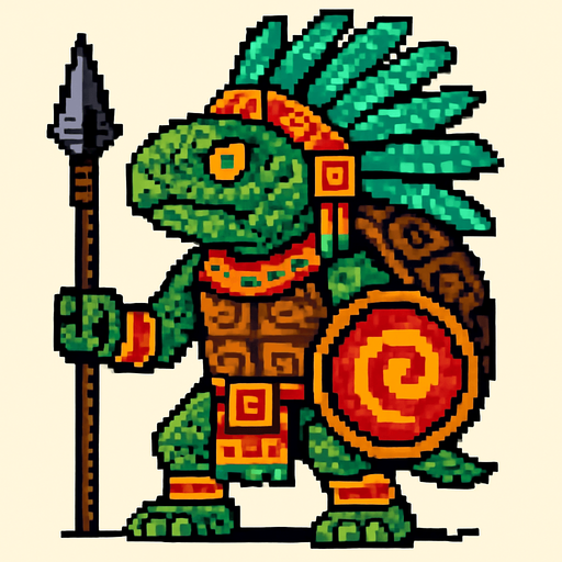 Generame un guerrero azteca con patrones, estilo pixelar, ademas sera un Tortuga de ciénaga colombiana humanoide.
In-Game asset.  2d.  High contrast.  No shadows
