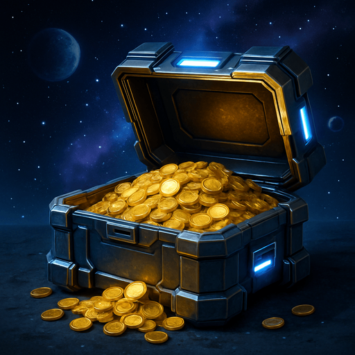 Uzay temalı, içi altın dolu kapağı açık kasa, gerçekçi, 
In-Game asset.  High contrast.  No shadows