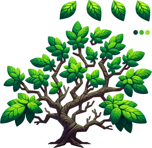 A tree branch with green leaves
Single Game Texture. In-Game asset. 2d. Blank background. High contrast. No shadows.