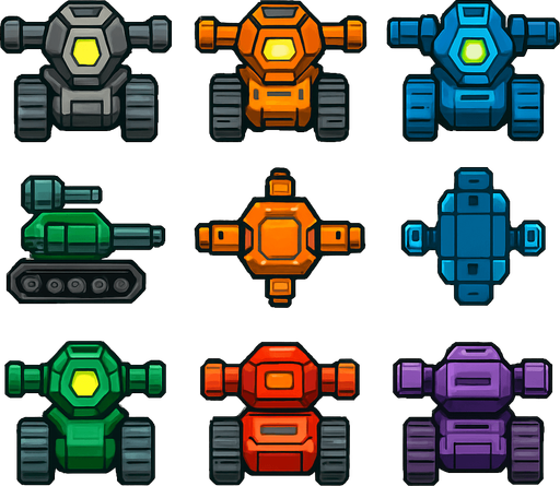 Pack of different future tank enemy have 2 turrets on its 2 sides, different frames of it facing the screen by sides from the left side, right side, top,bottom,front,back, HD colors.
In-Game asset.  2d.  High contrast.  No shadows