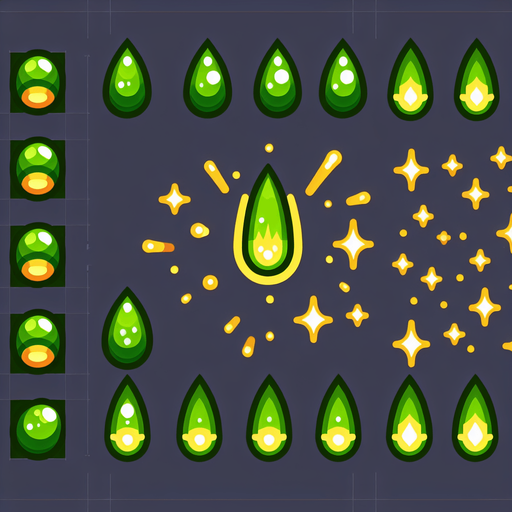 A sprite sheet of energy projectiles. Green projectiles tear shaped with yellow energy core.
Single Game Texture. In-Game asset. 2d. Blank background. High contrast. No shadows.