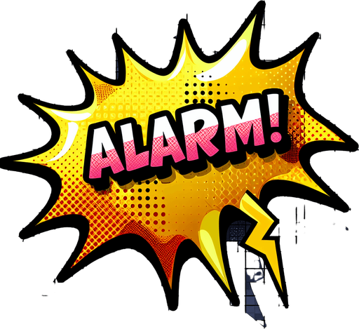 "ALARM" text bubble yellow, comic book style..
Single Game Texture. In-Game asset. 2d. Blank background. High contrast. No shadows.