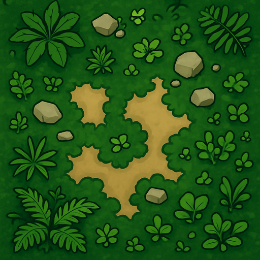 A top-down 2D jungle view, no trees.
In-Game asset.  2d.  High contrast.  No shadows