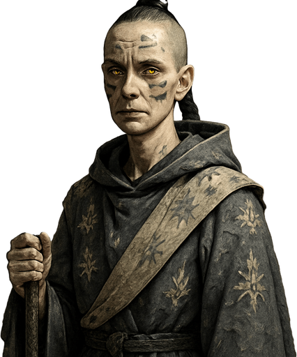 A solemn female cleric in soot-gray robes adorned with ash motifs and sun-bleached fabric. 39 years old, with a thin, gaunt frame, shaved head except for a braided black topknot, pale skin, and glowing amber eyes. Ash marks are smeared across her face in ritual patterns. Holding a prayer staff made of burned oak and silver. She stands in a scorched temple, sunlight breaking through cracked stone. Realistic, highly detailed, sacred atmosphere. realistic.
In-Game asset.  2d.  High contrast.  No shadows