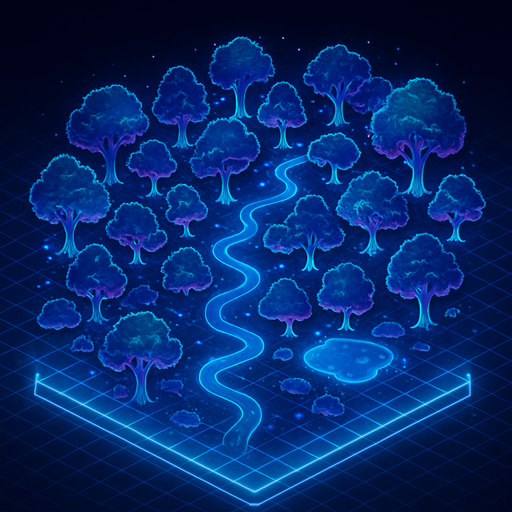 Top down isometric anime cyberpunk forest neon map grid hologram projection