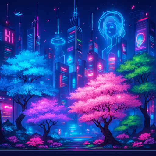 Neon cyberpunk anime city skyline futuristic holograms