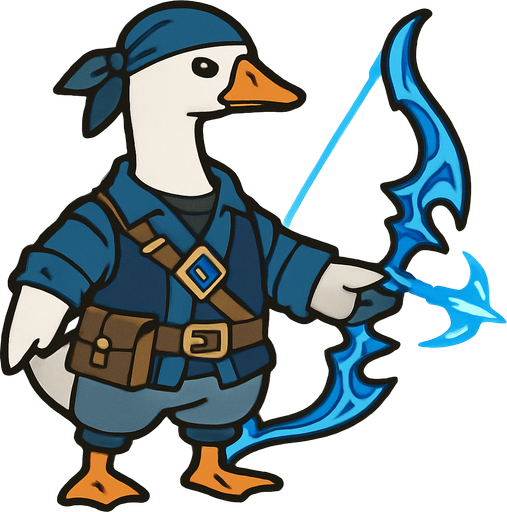 A emden goose in blue treasure hoarders outfit with blue hydro battle bow.
In-Game asset.  2d.  High contrast.  No shadows