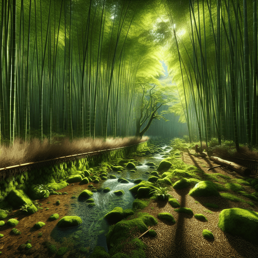 "A lush bamboo forest scene designed to be seamlessly tiled horizontally. On the left half of the image, focus on sunlight filtering through leaves, creating a dappled pattern on the ground. Add moss-covered rocks and a small stream starting from the left edge and flowing towards the center. Ensure that the elements near the center of the image are positioned in a way that they can be seamlessly mirrored to the right side, creating a continuous scene when two copies of the image are placed side-by-side."

Here are some additional tips to keep in mind:

Symmetrical Elements: Try to place some elements symmetrically around the center line (e.g., a large rock or a bend in the stream) to create a visually pleasing transition between the two halves.
Consistent Lighting: Ensure the lighting and shadows are consistent across the image so that the two halves blend together seamlessly.
Edge Blending: If possible, slightly blur or soften the edges of the image near the center line to help smooth out the transition when the images are tiled..
Single Game Texture. In-Game asset. 2d. Blank background. High contrast. No shadows.