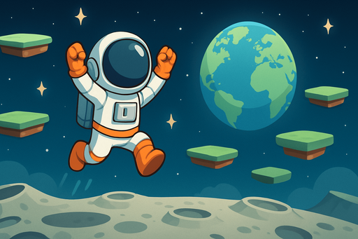 Fullscreen modern App Store landscape banner, 16:9, high definition, for a game titled "Jump Up: Sonsuz Platform Macerası" and with the description astronot in the moon"Karakterin otomatik zıpladığı, sağ-sol yönlendirme ile platformlarda yükseldiğin sonsuz bir parkur oyunu. Platformlar rastgele ve benzersiz şekilde oluşur.". No text on banner!