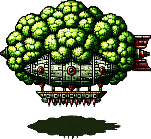 an evil broccoli airship.
Single Game Texture. In-Game asset. 2d. Blank background. High contrast. No shadows. 8bit