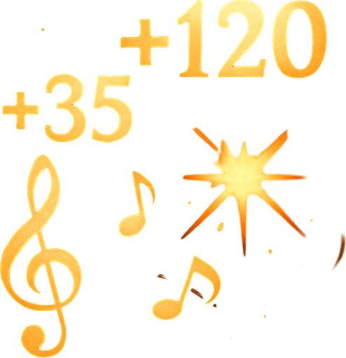 Design an icon for a toggle button labeled "Show Damage Numbers" in a fantasy tower defense game set in a magical concert hall. The icon should represent visible damage output using a musical and magical theme.

Main elements: show floating numbers (like “+35”, “-120”) rising or popping out from stylized musical symbols—such as a treble clef or burst of notes.
Optionally, display a glowing impact spark or small explosion with numbers around it to represent hit feedback.

Use gold, red, or white tones for the numbers and magical trails for emphasis.
Background should be neutral or dark, subtly textured (like velvet or wood), to enhance readability.

The icon must be square (256×256 px), readable at small sizes, and include no text.
Provide two visual states:

Enabled: numbers glowing, slightly animated or rising.

Disabled: numbers greyed out or crossed subtly with a muted tone.

Style: fantasy UI, clean and elegant, consistent with the musical combat theme of the game..
In-Game asset.  2d.  High contrast.  No shadows