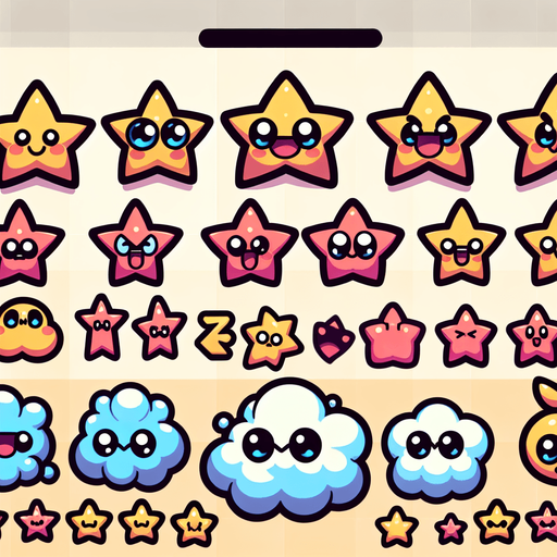 A sprite sheet of different cartoon stars..
Single Game Texture. In-Game asset. 2d. Blank background. High contrast. No shadows.